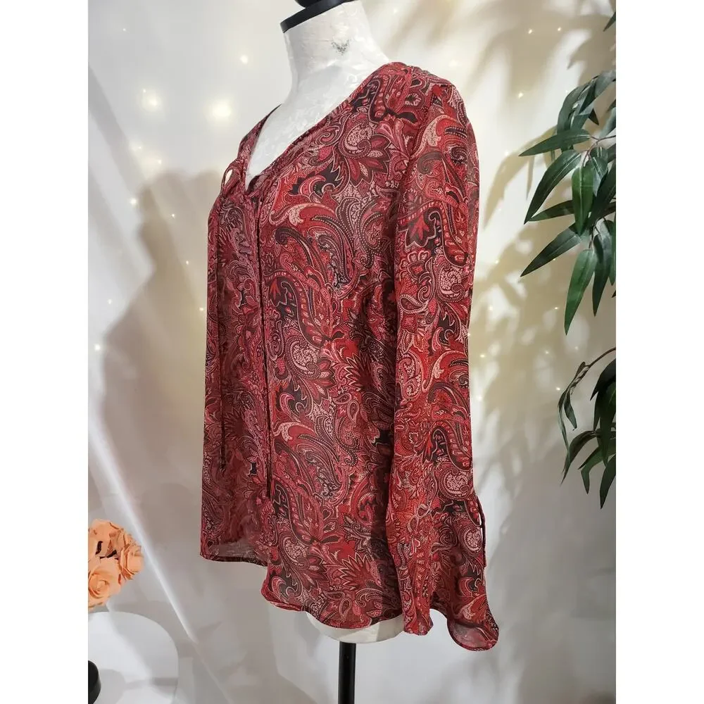 Vtg 90s y2k Fashion Bug Sheer Paisley V-Neck Bell Sleeve Blouse Sz 14/16 XL Boho - Picture 4 of 10